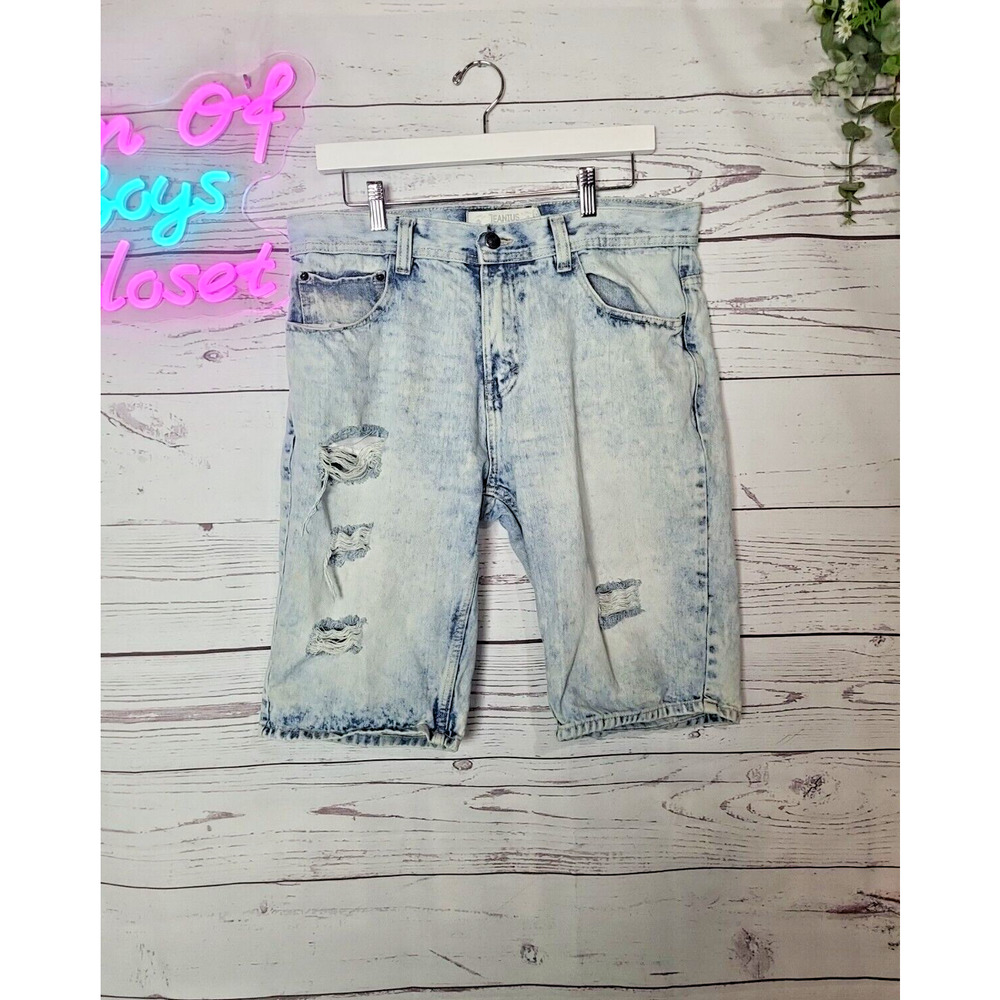 Jeanius Blue Denim Bermuda 100% Cotton Acid Wash Distressed Shorts Men's Size 34